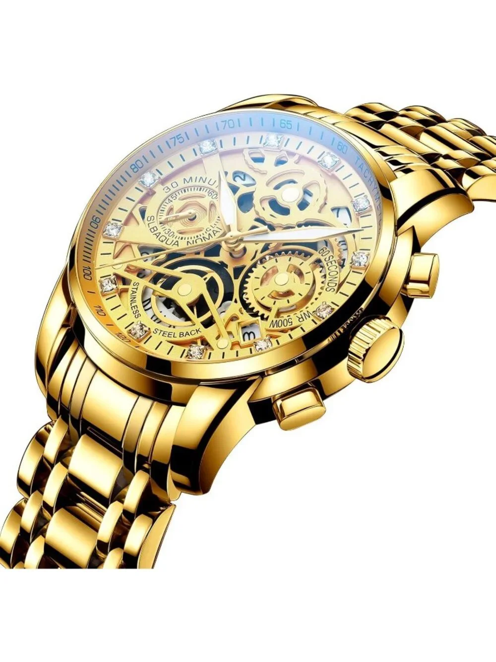 Mens Gold Stainless Steel Analog Chronograph 3ATM Waterproof Luxury Wrist Watch